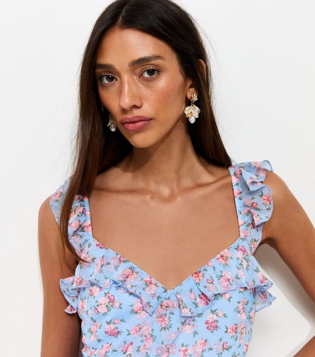 New Look Women's Blue Vintage Rose Print Ruffle Trim Midi Dress New Look - 3