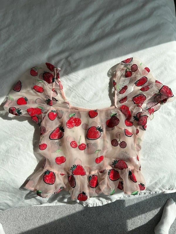 Topshop Topshop sequin embellished fruit puff sleeve mesh top