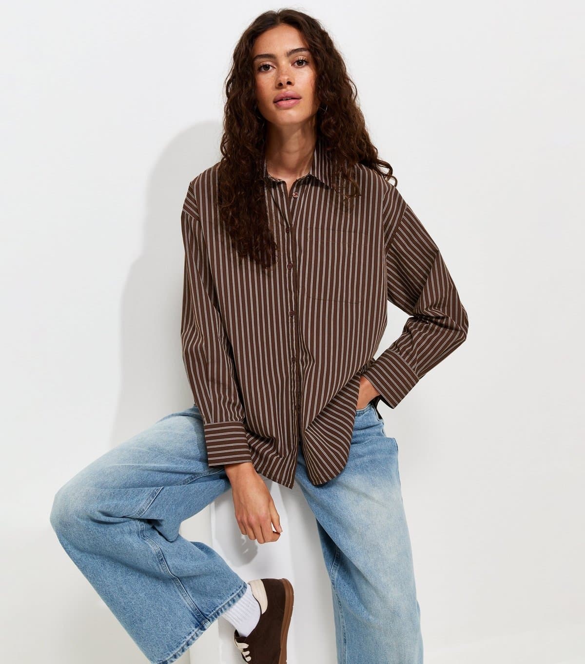 New Look Women's Brown Cotton Poplin Striped Long Sleeve Shirt New Look