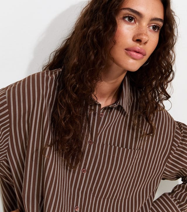 New Look Women's Brown Cotton Poplin Striped Long Sleeve Shirt New Look - 2