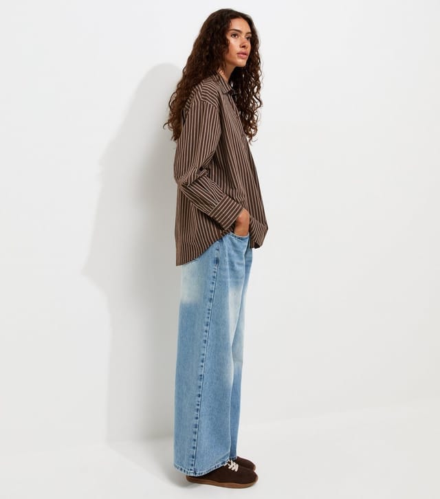 New Look Women's Brown Cotton Poplin Striped Long Sleeve Shirt New Look - 3