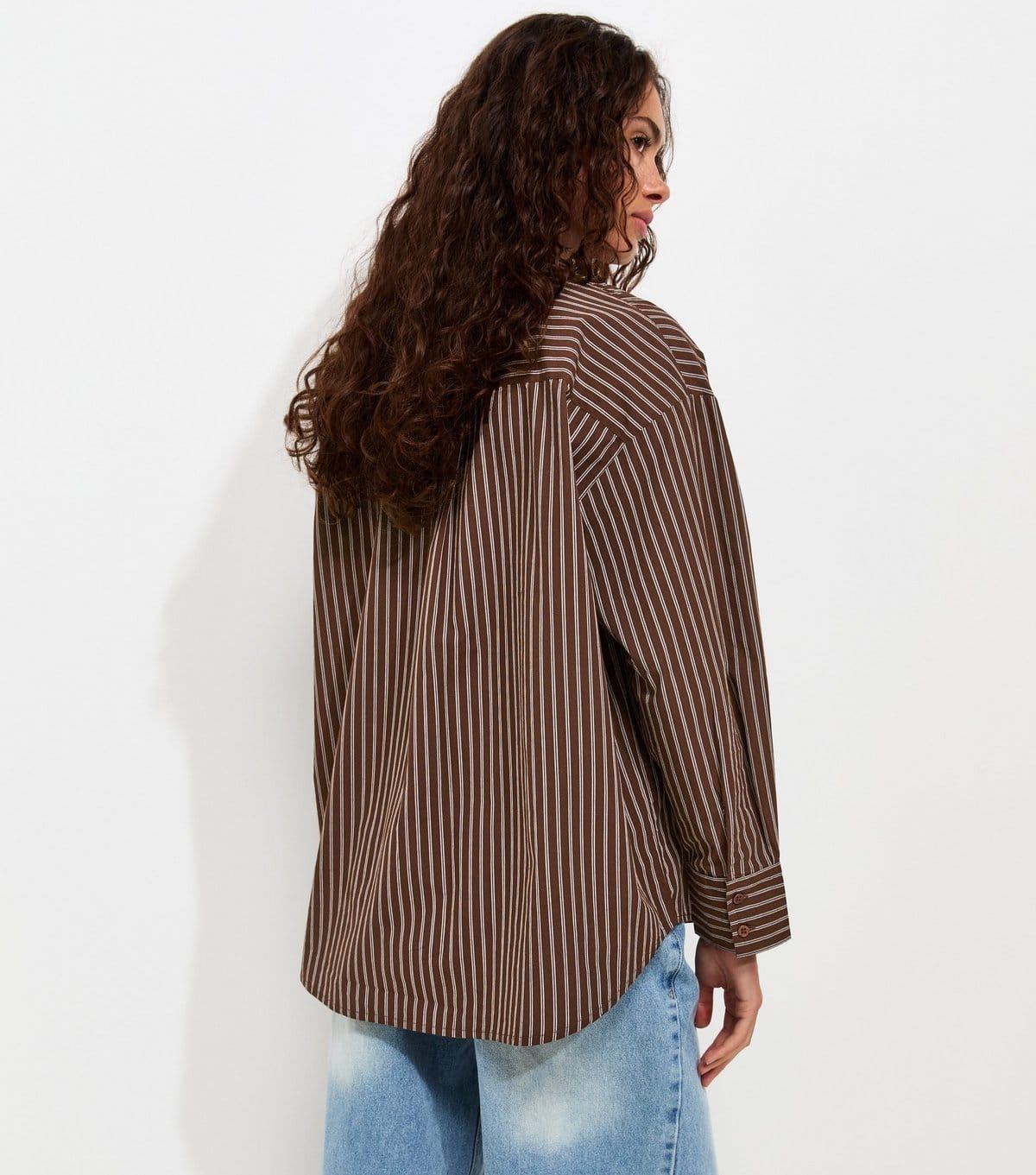 New Look Women's Brown Cotton Poplin Striped Long Sleeve Shirt New Look - 4