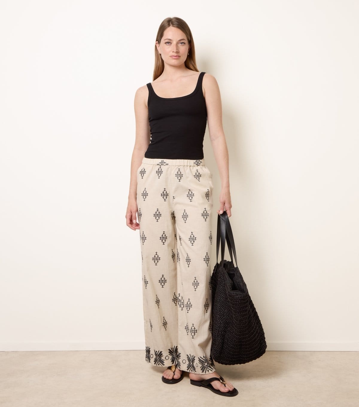 Blue Vanilla Stone Embroidered Cotton-Linen Trousers