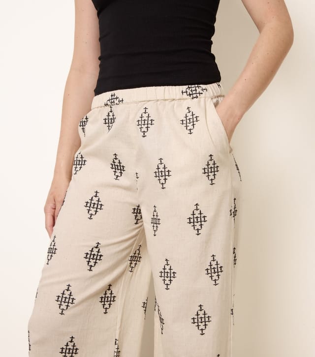 Blue Vanilla Women's Stone Cotton Linen Embroidered Trousers Blue Vanilla New Look - 2