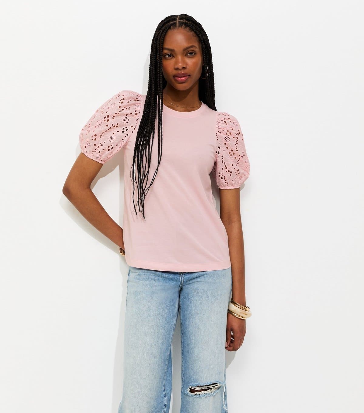 New Look Women's Light Pink Broderie Anglaise Puff Sleeve Top New Look