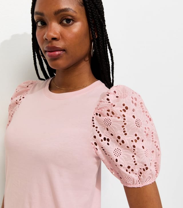 New Look Women's Light Pink Broderie Anglaise Puff Sleeve Top New Look - 2
