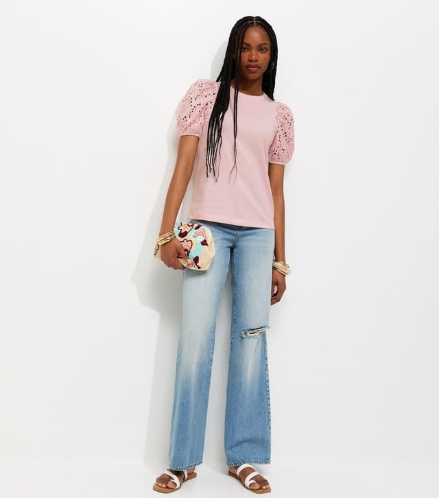 New Look Women's Light Pink Broderie Anglaise Puff Sleeve Top New Look - 3