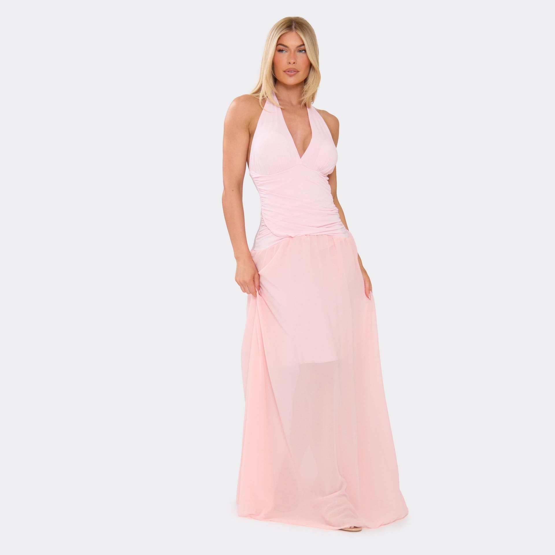EGO Plunge Halterneck Dropped Waist Maxi Dress In Pink, Women's Size UK L