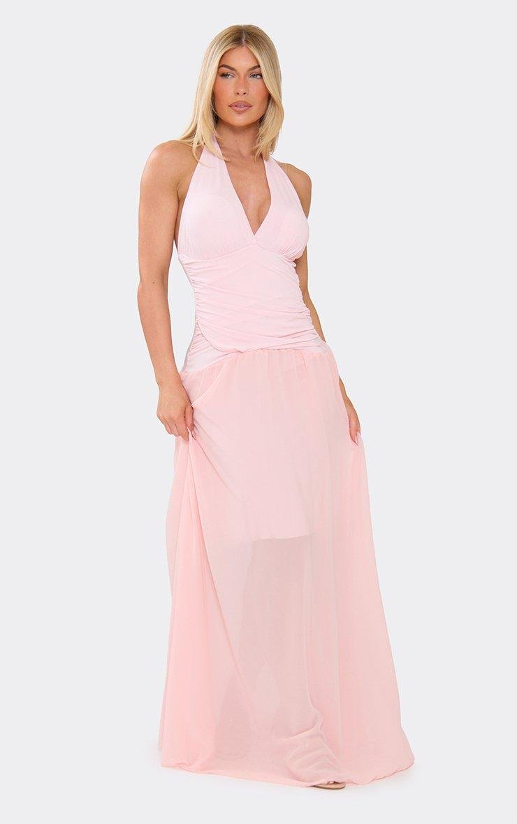 EGO Plunge Halterneck Dropped Waist Maxi Dress In Pink, Women's Size UK L - 2