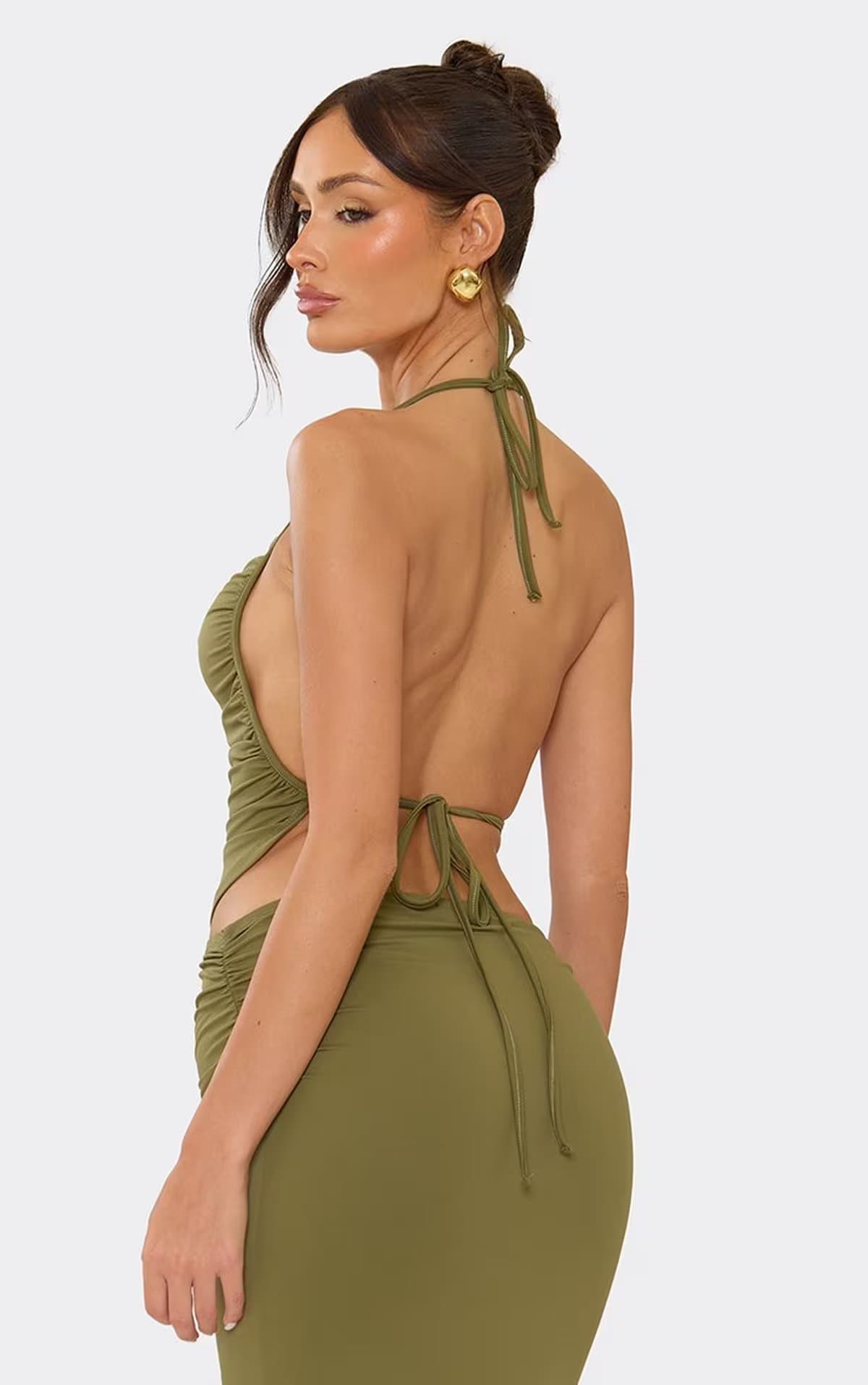 EGO Halterneck Open Back Ruched Top In Khaki., Women's Size UK 6