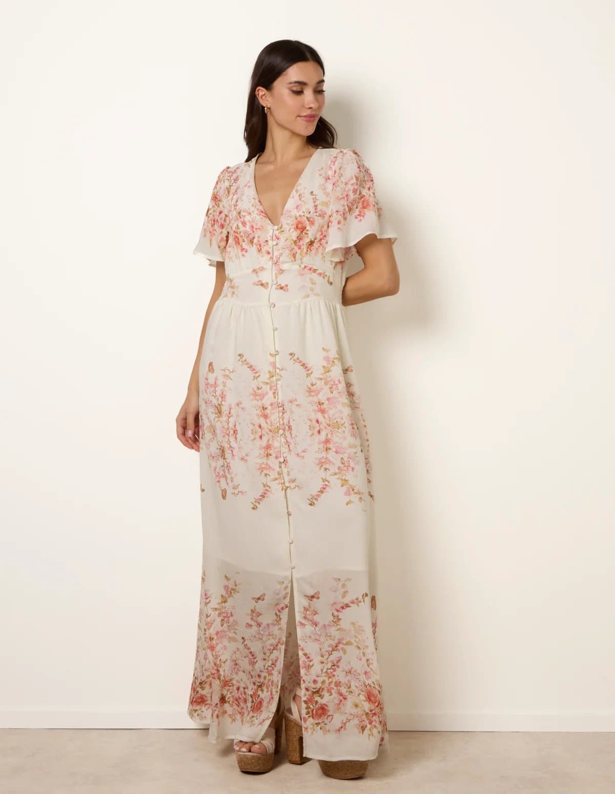 Blue Vanilla Floral Print Button Front Maxi Dress