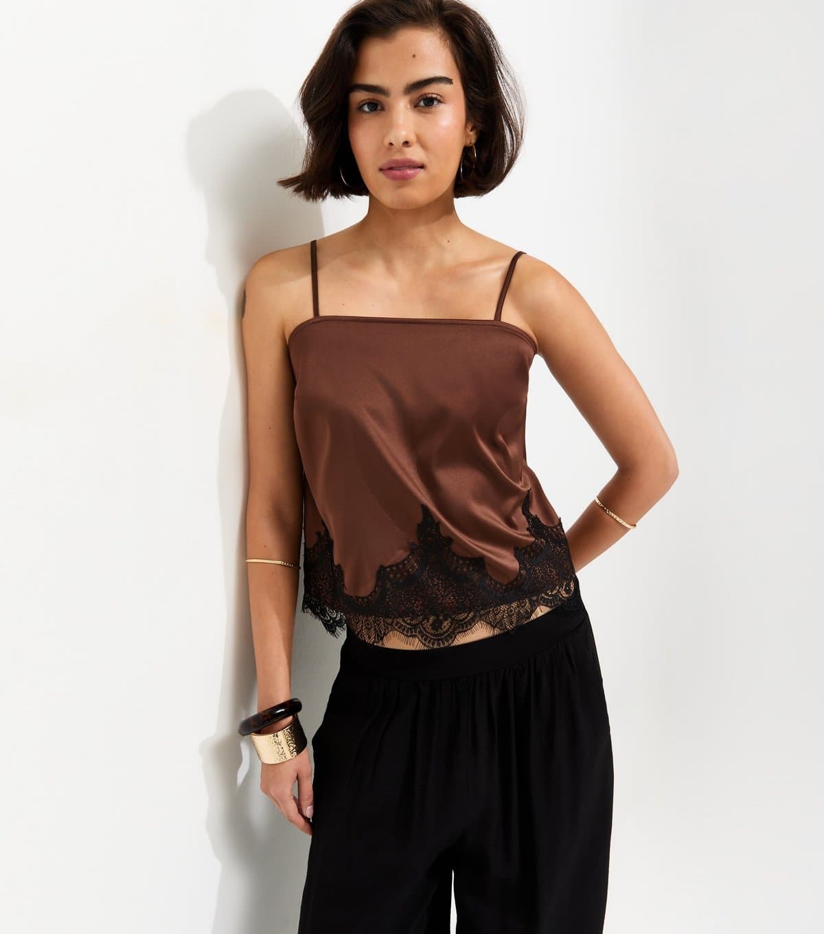 New Look Women's Dark Brown Lace Short Cami Vest Top New Look