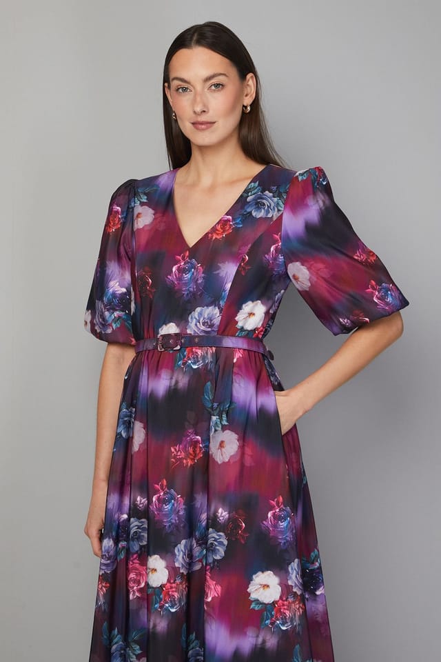 Wallis Wallis Women's Floral Twill Belted Midi Dress in Wine - 2