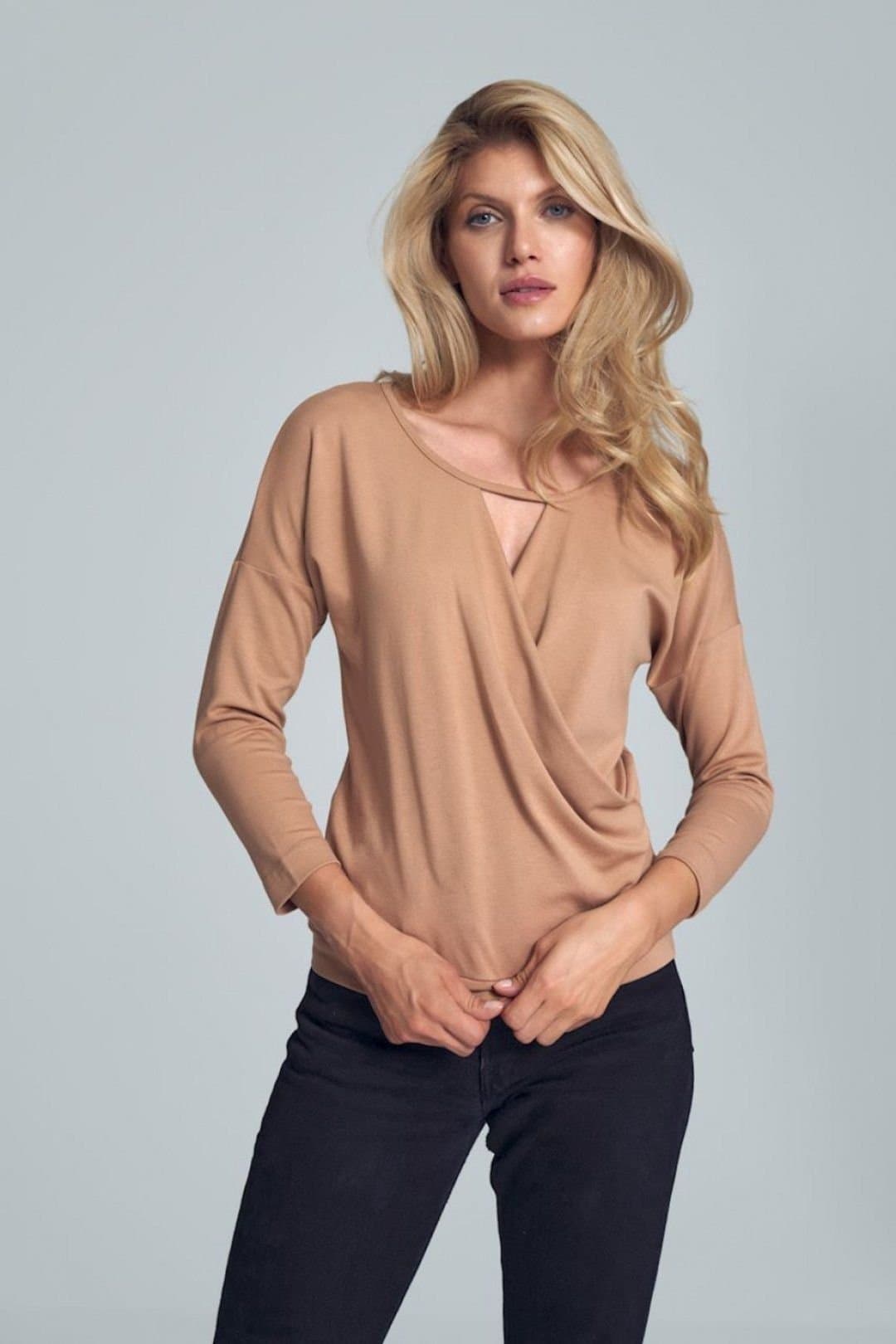 Love Lace Love Lace Camel Envelope Neck Blouse with Piping