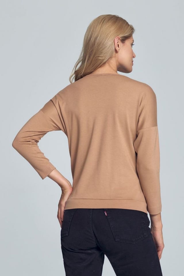 Love Lace Love Lace Women's Elegant Envelope Neck Short Blouse with Piping in Camel - 2