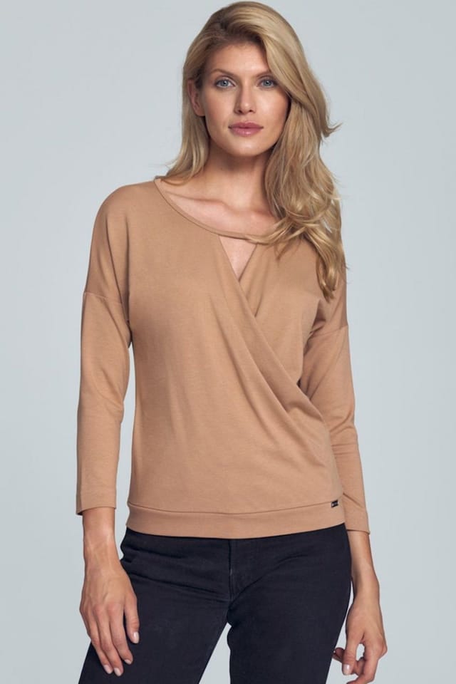 Love Lace Love Lace Women's Elegant Envelope Neck Short Blouse with Piping in Camel - 3