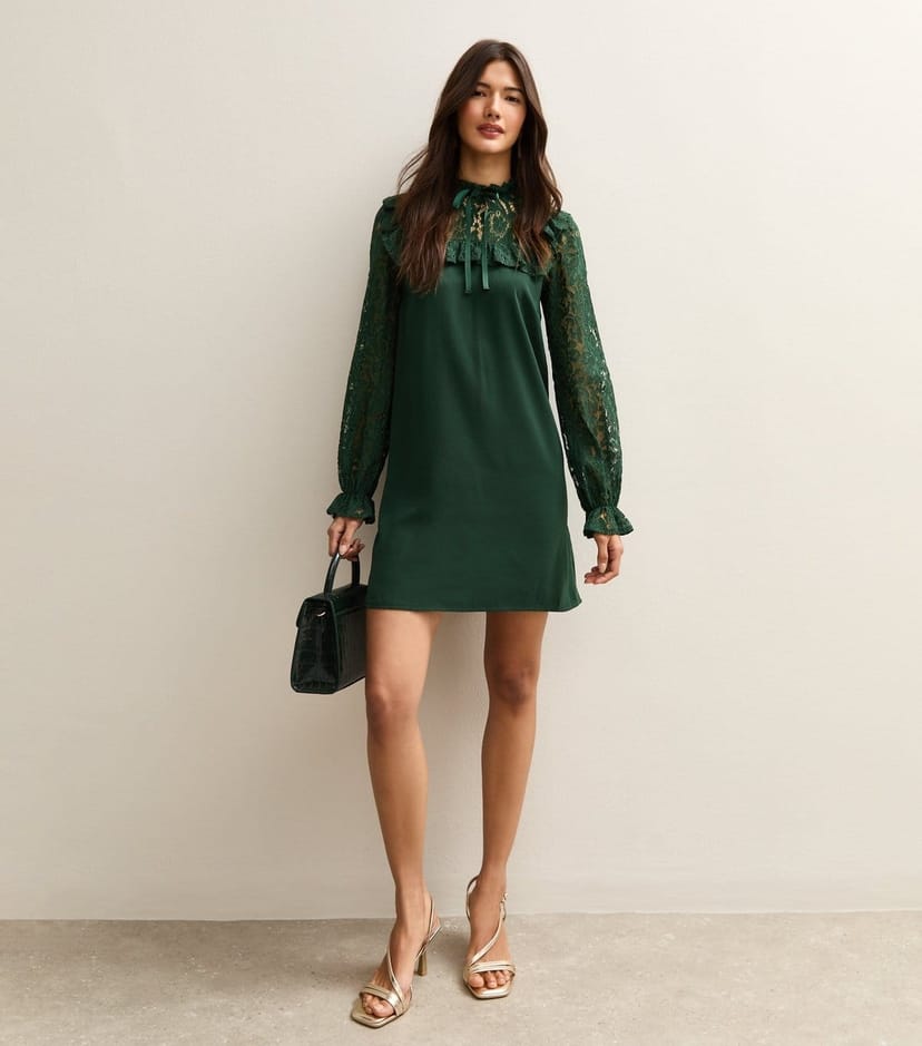 New Look Women's Dark Green Lace Sleeve Smock Mini Dress New Look - 1