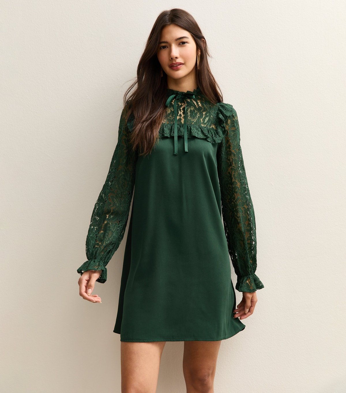 New Look Women's Dark Green Lace Sleeve Smock Mini Dress New Look - 3