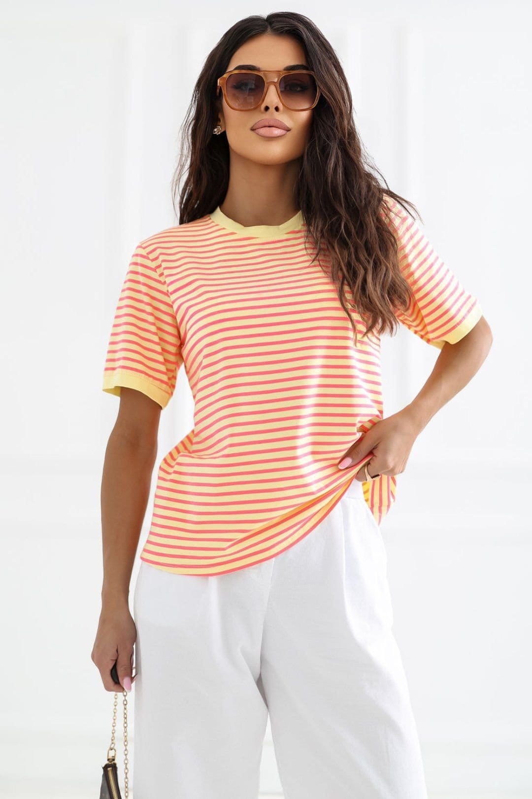 Love Lace Yellow Striped Cotton T-Shirt for Women