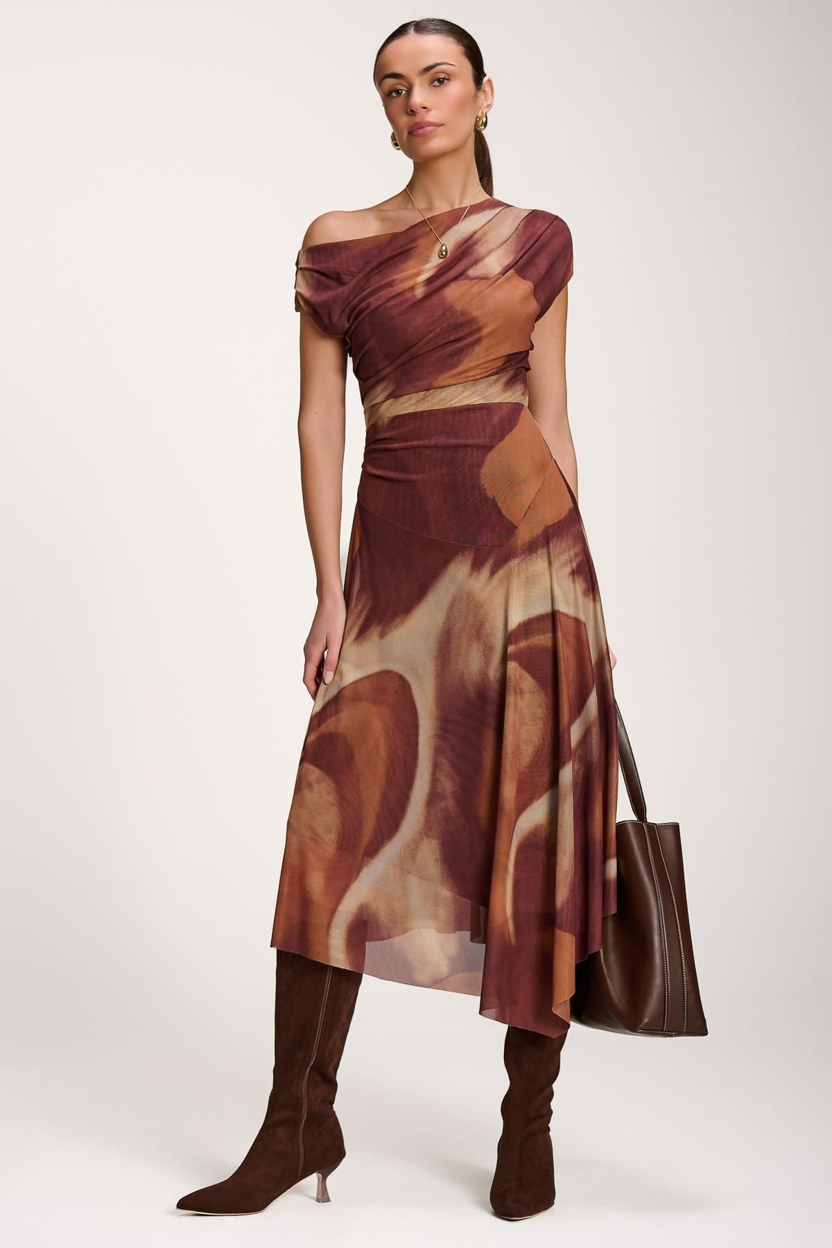 Jolie Moi Jolie Moi Women's Asymmetric Draped Mesh Dress in Light Brown