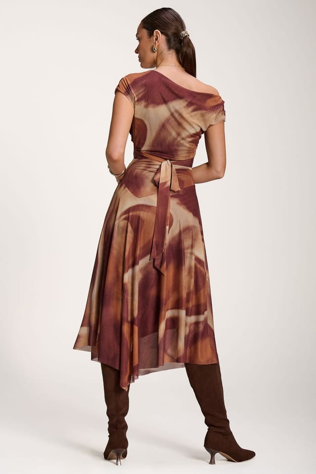 Jolie Moi Jolie Moi Women's Asymmetric Draped Mesh Dress in Light Brown - 2