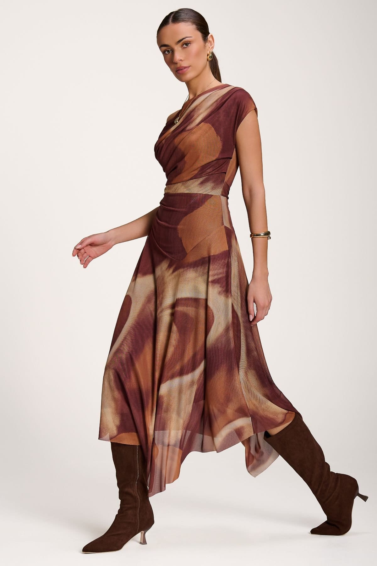 Jolie Moi Jolie Moi Women's Asymmetric Draped Mesh Dress in Light Brown - 4