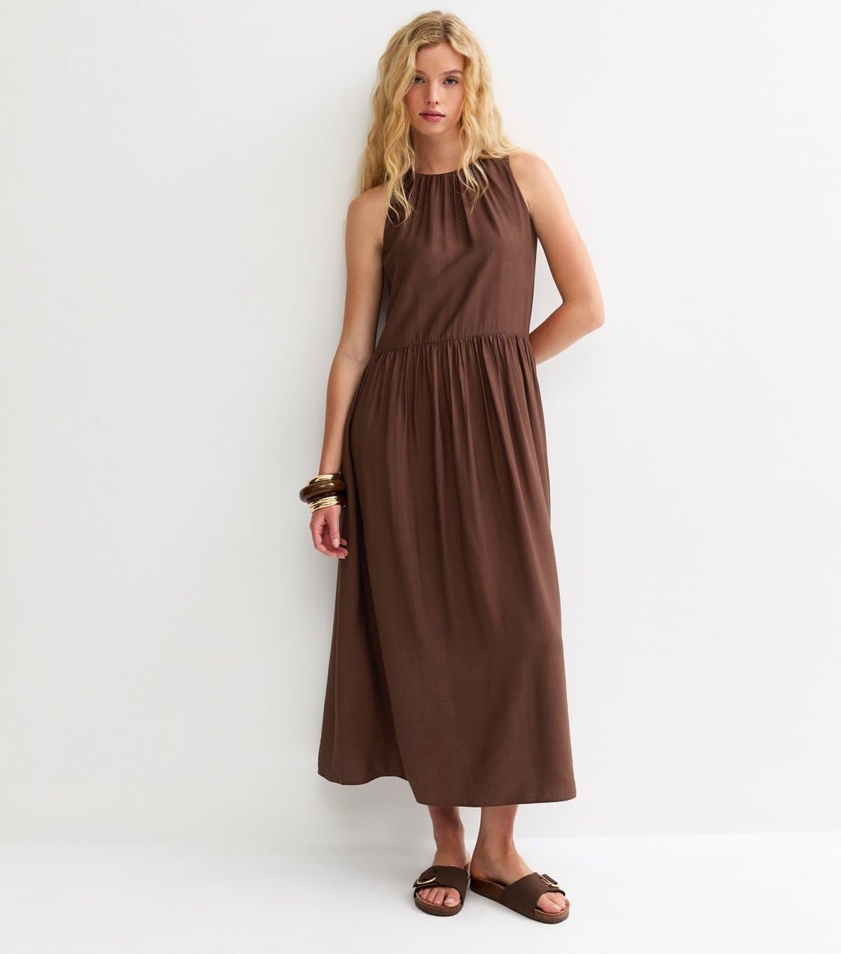 New Look Women's Brown Drop Waist Sleeveless Midi Dress New Look