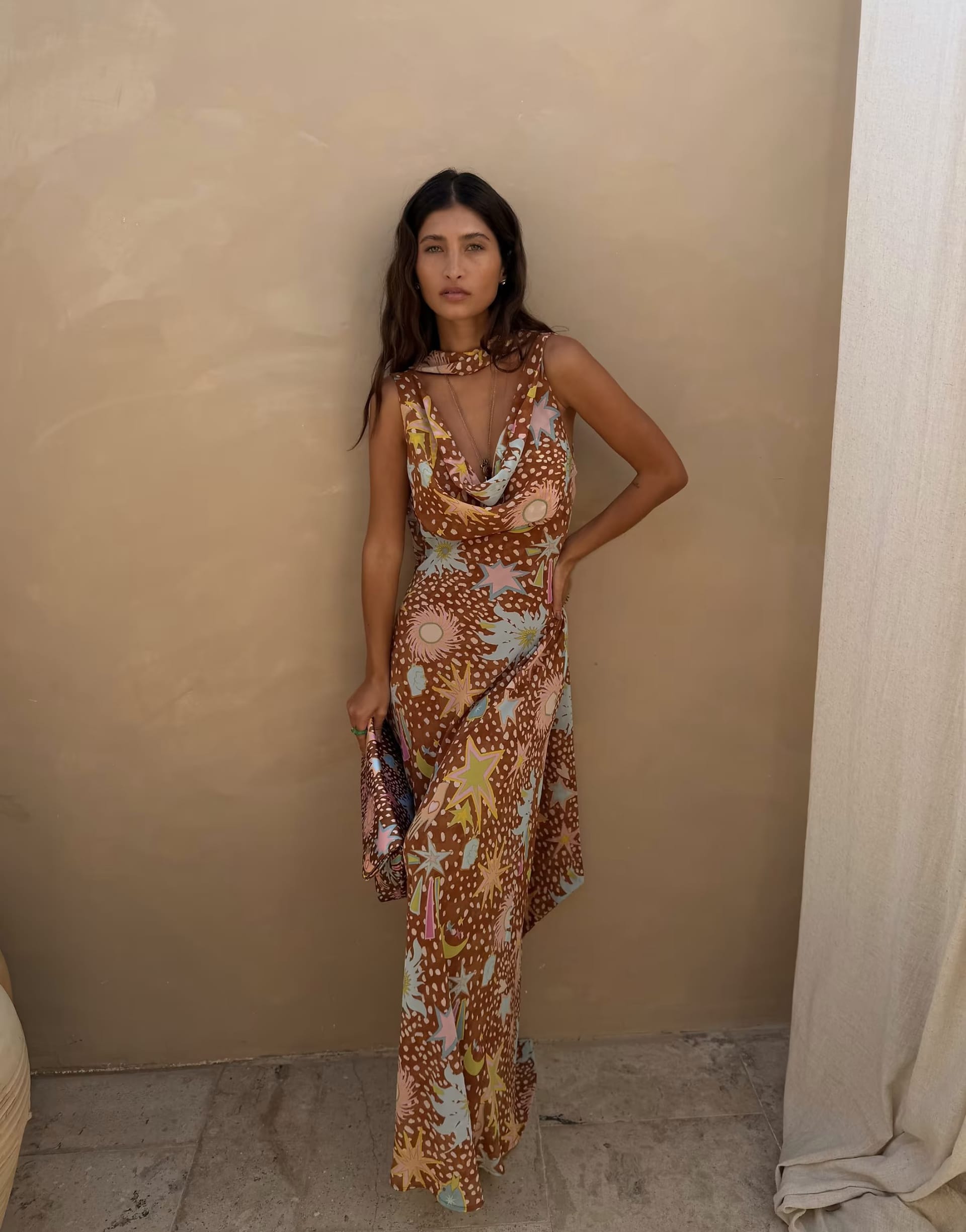 ASOS Brown Deer Star Print Chiffon Cowl Neck Maxi Dress