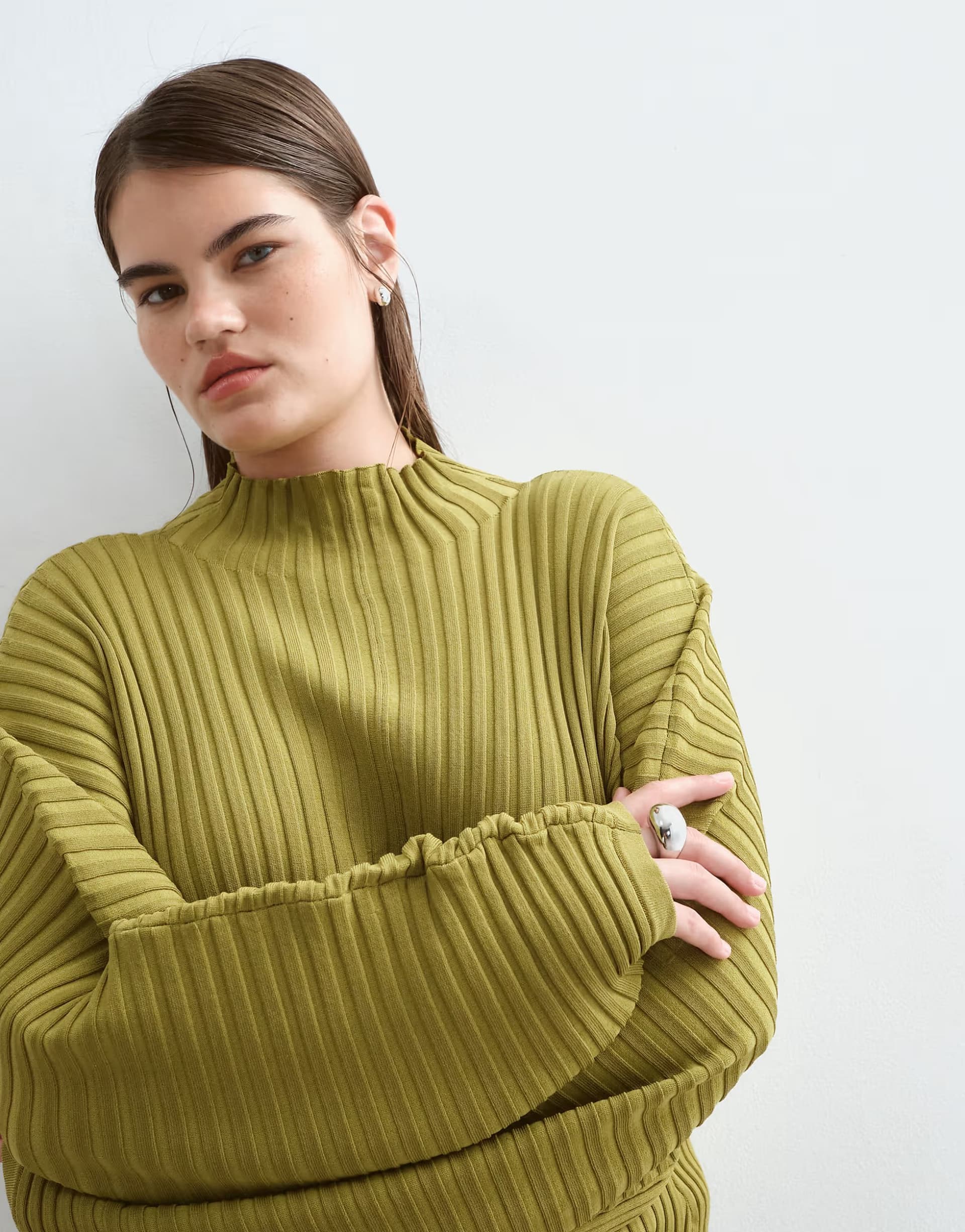 ASOS ARRANGE Curve long sleeve sculpted ribbed top in olive