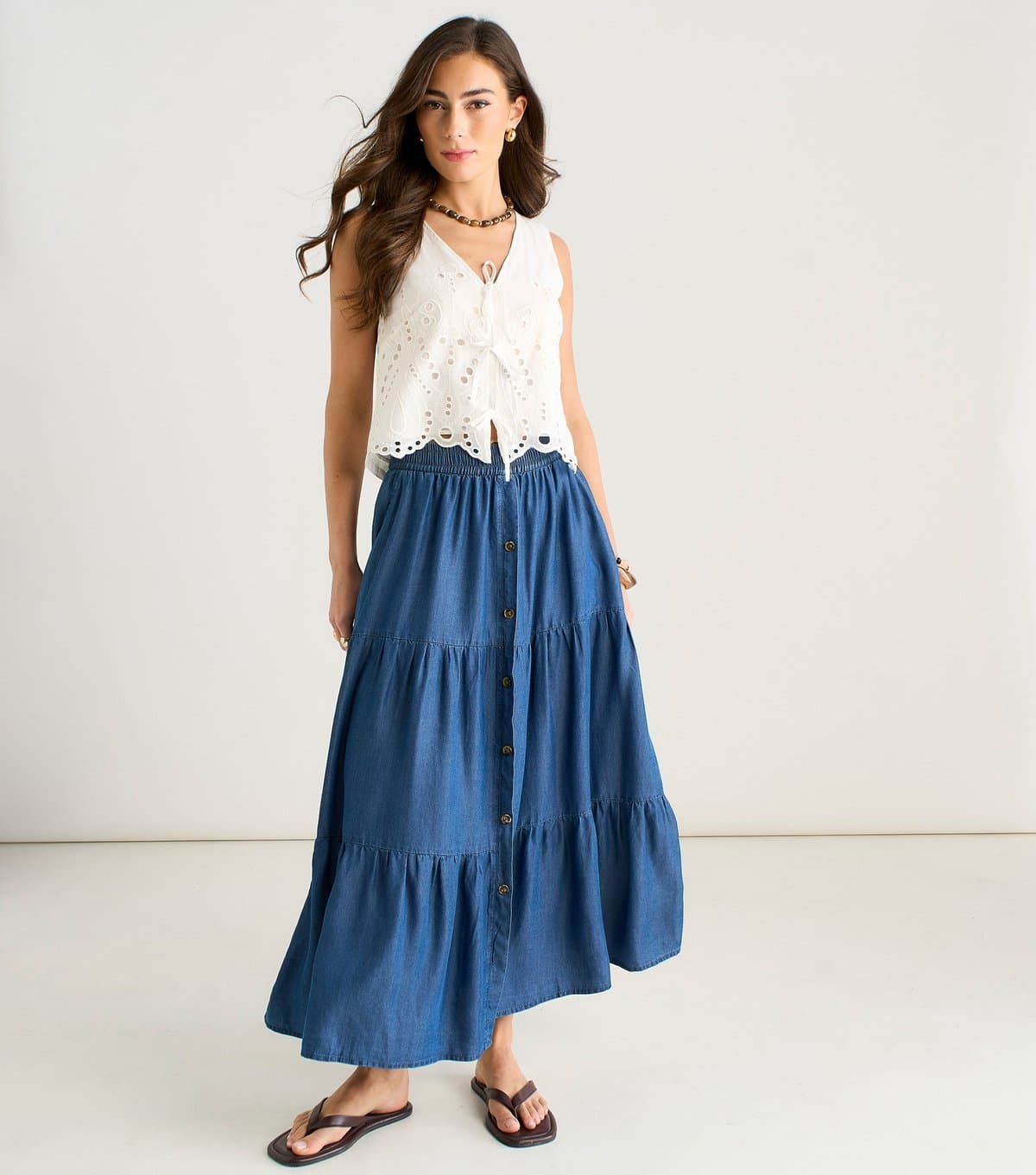 Gini London Women's Blue Chambray Tiered Maxi Skirt Gini London New Look