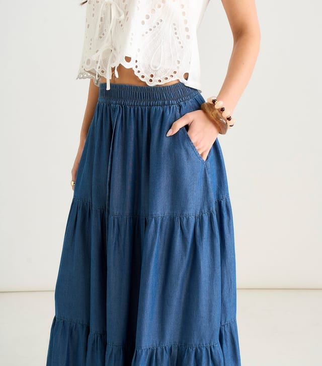 Gini London Women's Blue Chambray Tiered Maxi Skirt Gini London New Look - 2