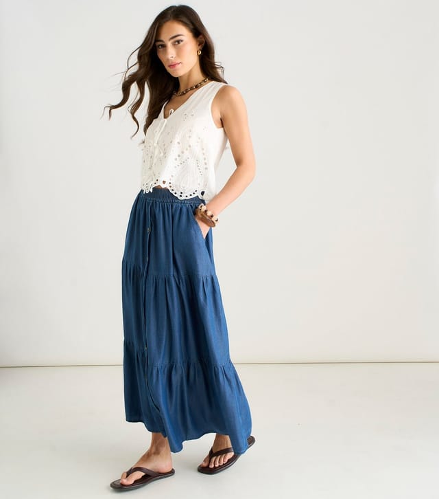 Gini London Women's Blue Chambray Tiered Maxi Skirt Gini London New Look - 3