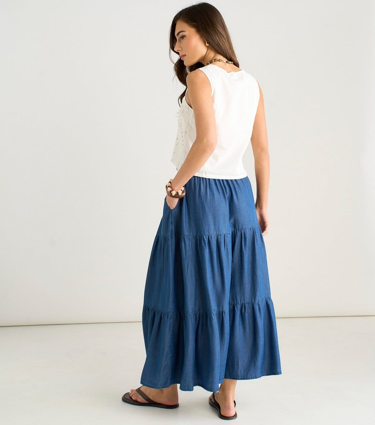 Gini London Women's Blue Chambray Tiered Maxi Skirt Gini London New Look - 4