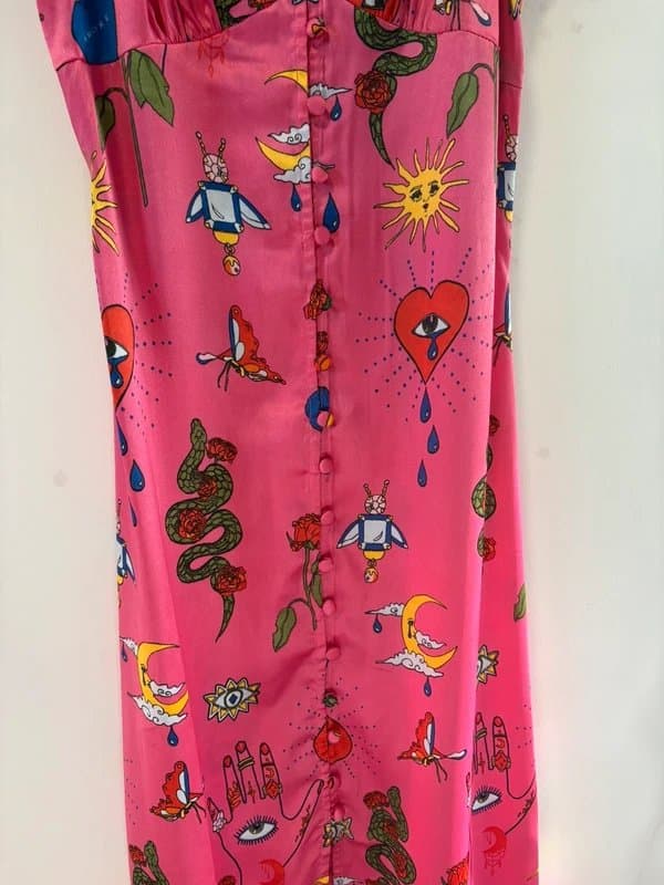 THEIR NIBS Their Nibs Pink Tattoo Print Satin Midi Dress 6 - 8 xs Festival Y2K Boho Indie Slip