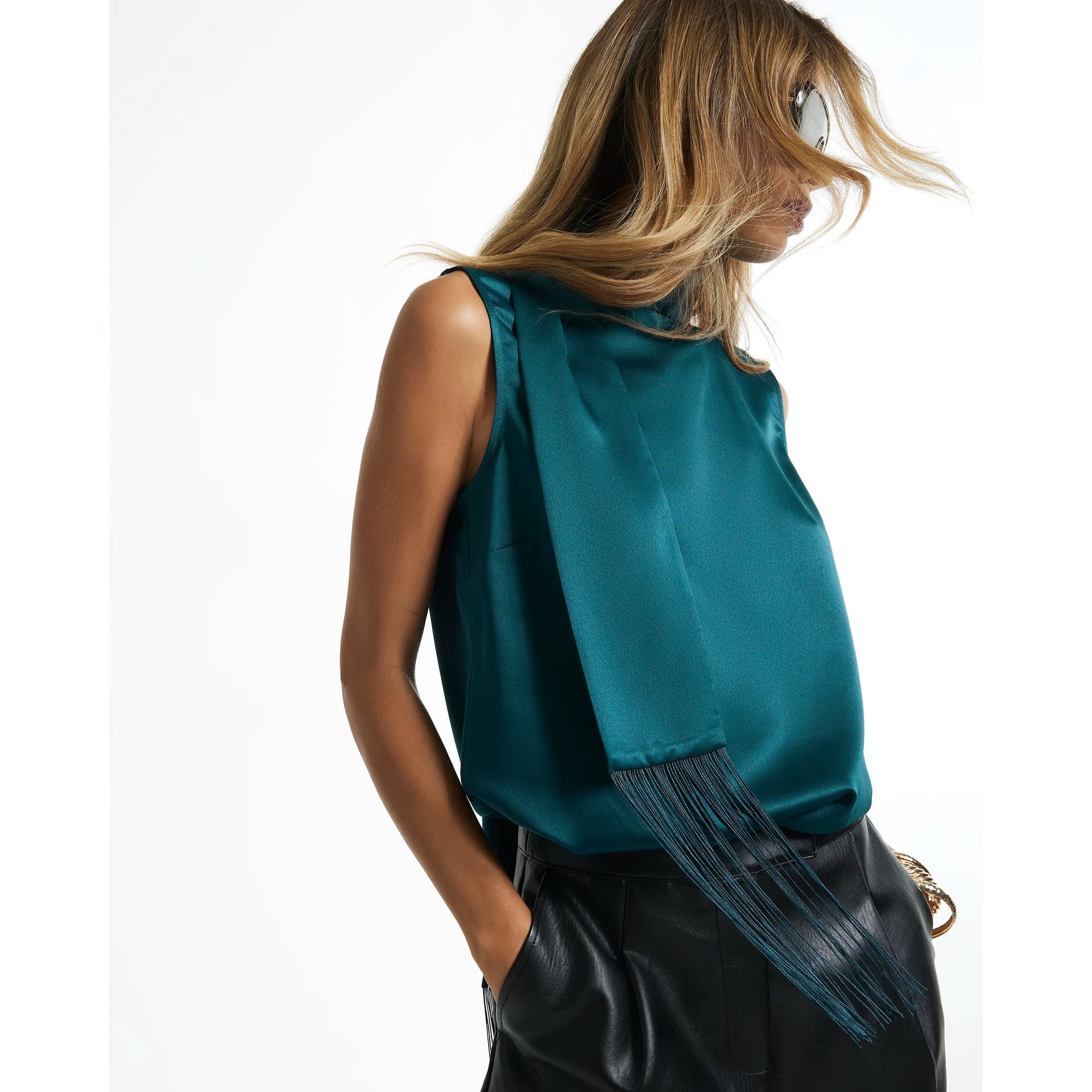 River Island River Island Womens Blue Satin Fringe Scarf Tank Top