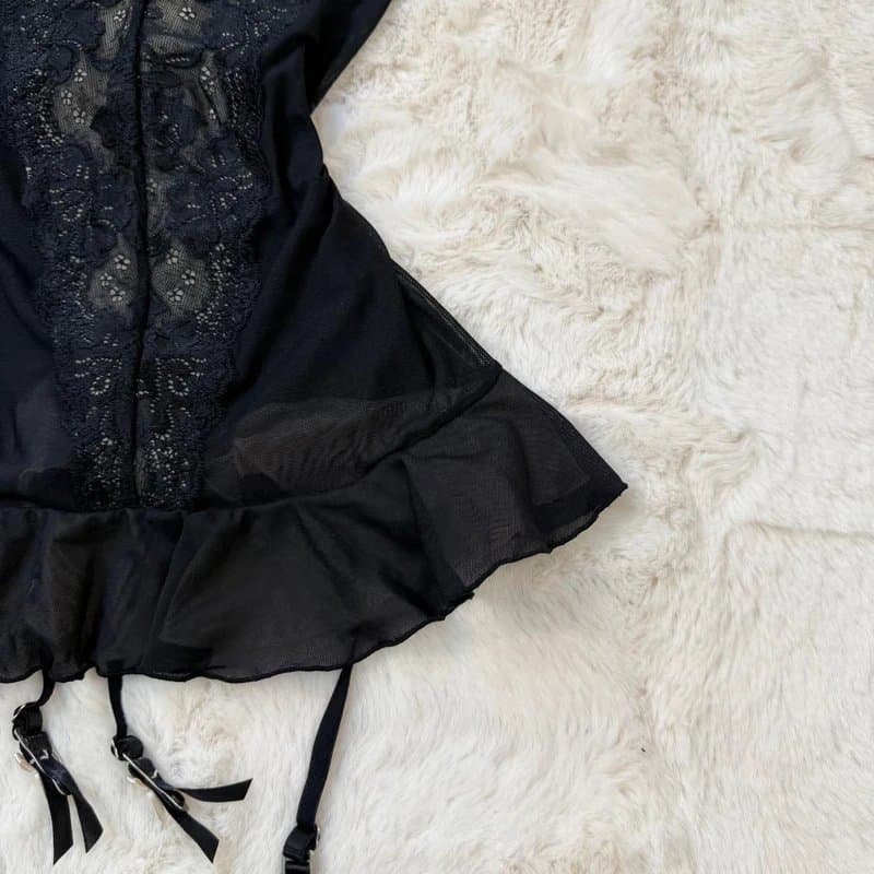 New Look Early 00’s y2k New Look Deadstock Mesh Sheer Floral Lace Frill Ruffle Babydoll Corset Top