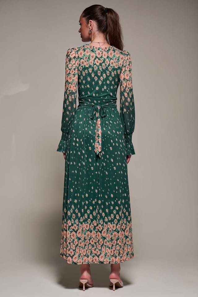 Jolie Moi Jolie Moi Women's Mirrored Print Long Sleeve Mesh Maxi Dress in Green - 2