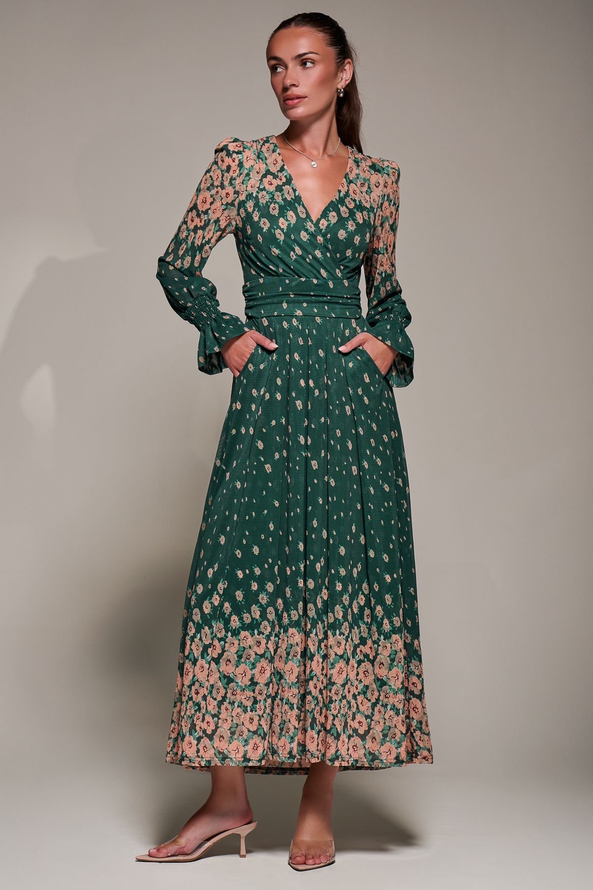 Jolie Moi Jolie Moi Women's Mirrored Print Long Sleeve Mesh Maxi Dress in Green - 3