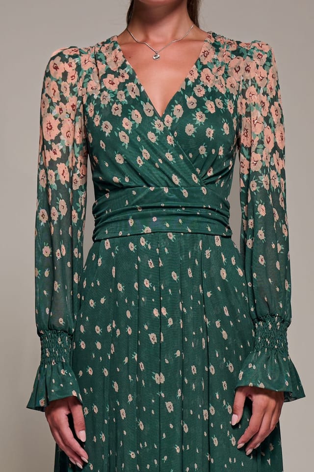 Jolie Moi Jolie Moi Women's Mirrored Print Long Sleeve Mesh Maxi Dress in Green - 3