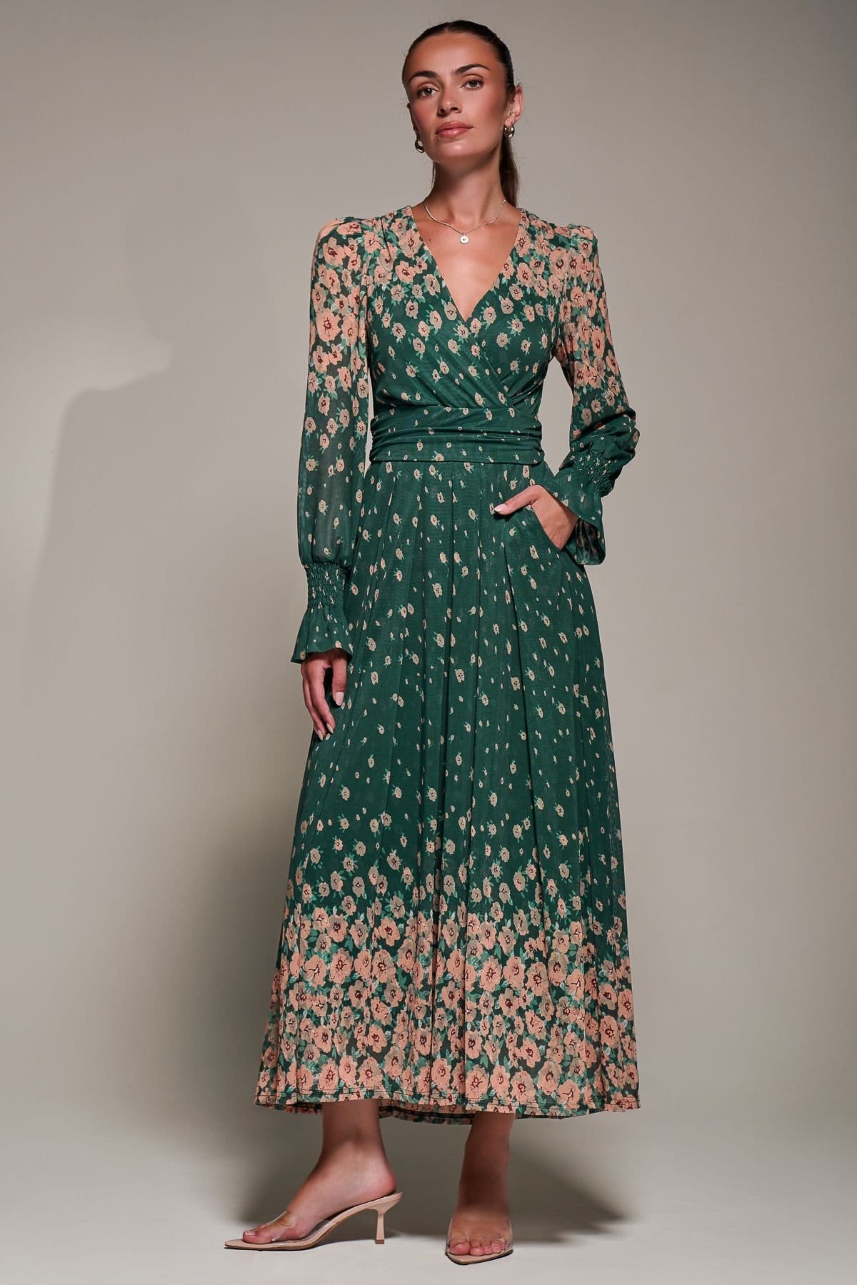 Jolie Moi Jolie Moi Women's Mirrored Print Long Sleeve Mesh Maxi Dress in Green - 4