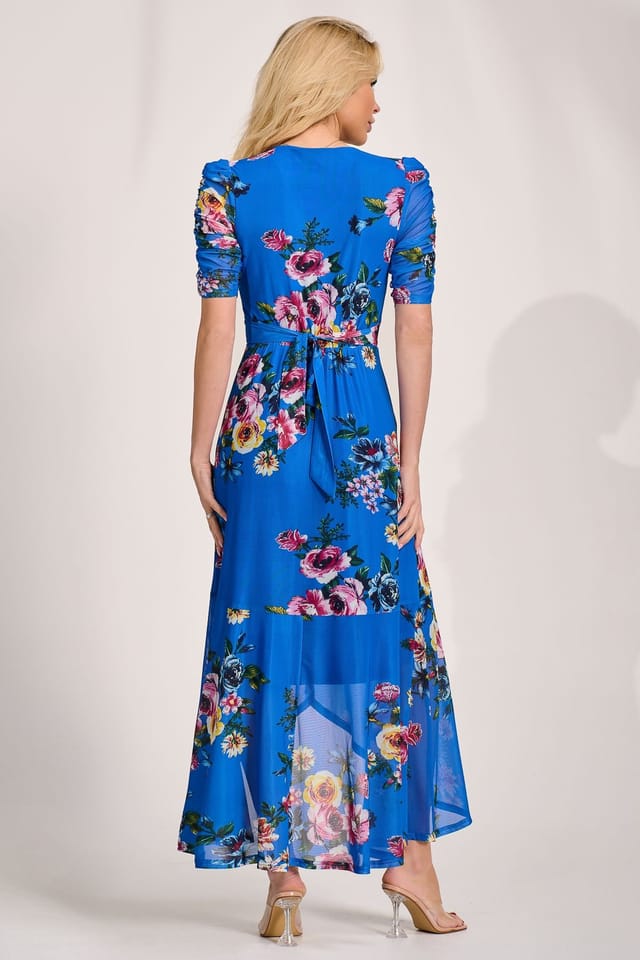 Jolie Moi Jolie Moi Women's Ruched Sleeve Mesh Maxi Dress in Blue - 2