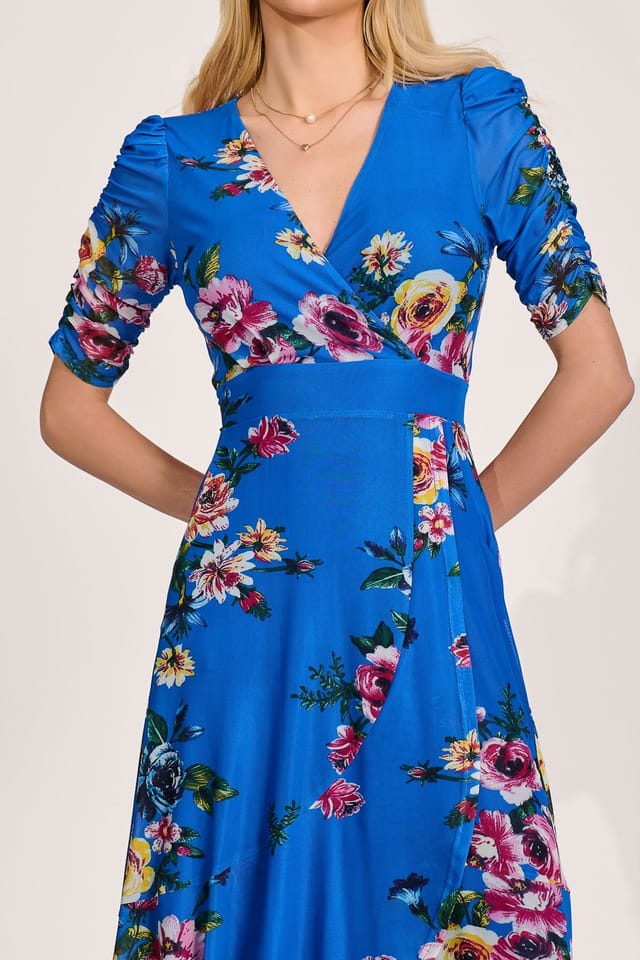 Jolie Moi Jolie Moi Women's Ruched Sleeve Mesh Maxi Dress in Blue - 3