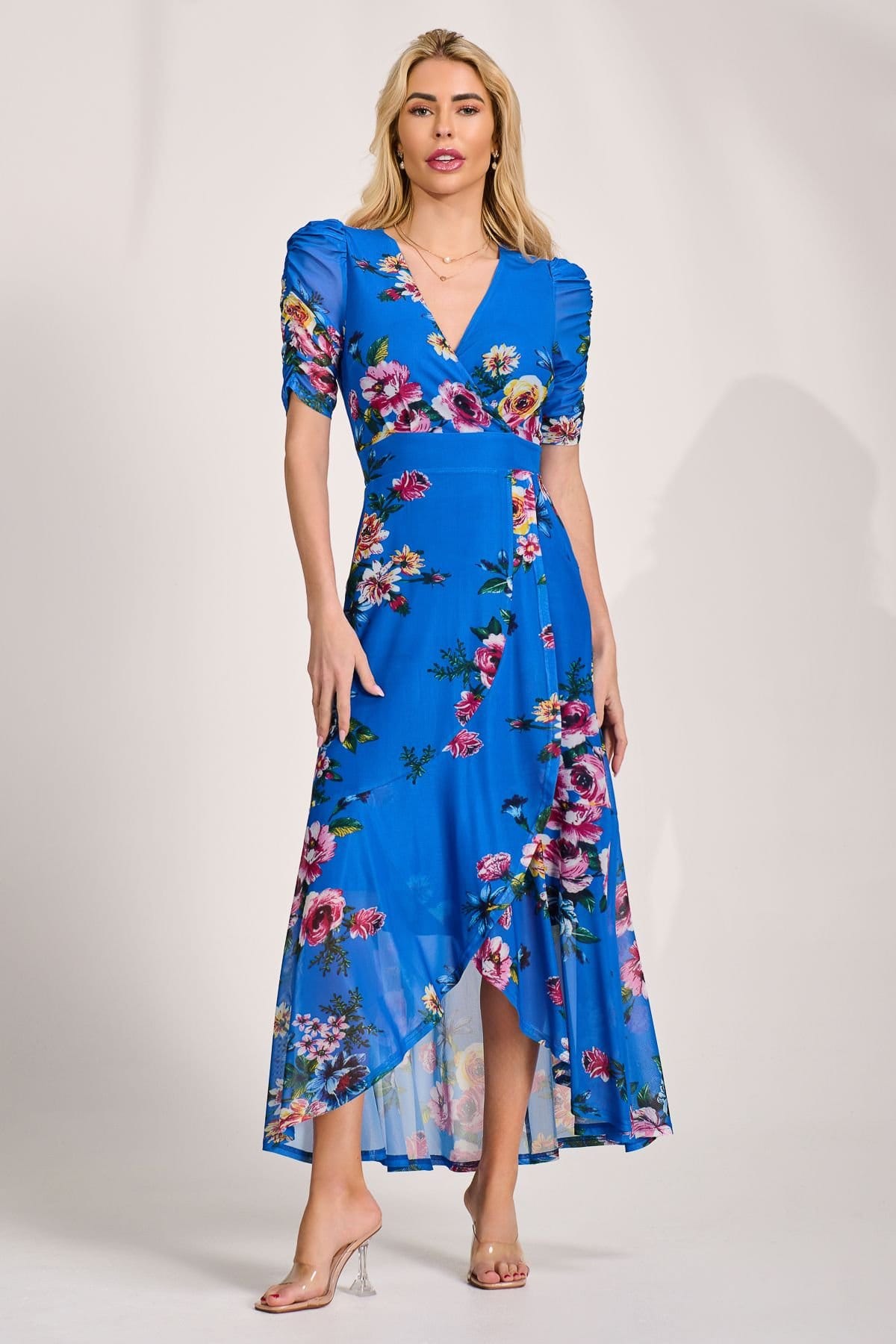 Jolie Moi Jolie Moi Women's Ruched Sleeve Mesh Maxi Dress in Blue - 4