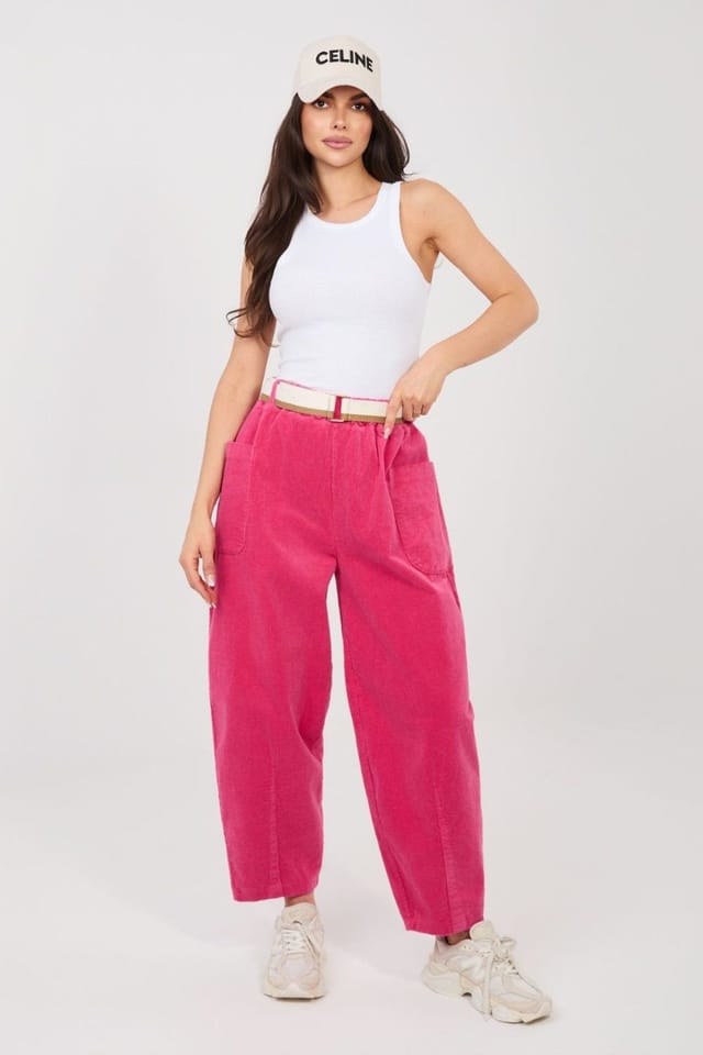 Love Lace Love Lace Women's High Waist Carrot Fit Corduroy Trousers in Pink - 3