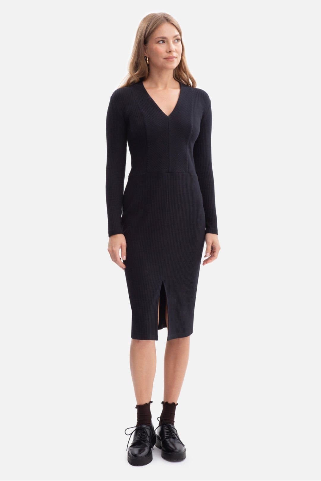 Love Lace Love Lace Women's Ribbed V Neck Midi Fitted Dress with Front Slit in Black