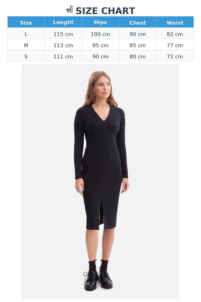 Love Lace Love Lace Women's Ribbed V Neck Midi Fitted Dress with Front Slit in Black - 3