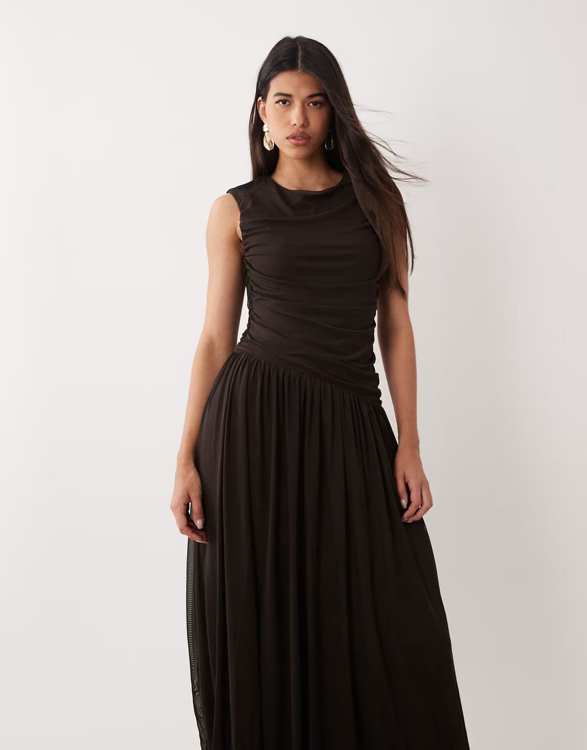 ASOS Vero Moda sleeveless ruched detail maxi dress with asymmetric waist in brown - 1