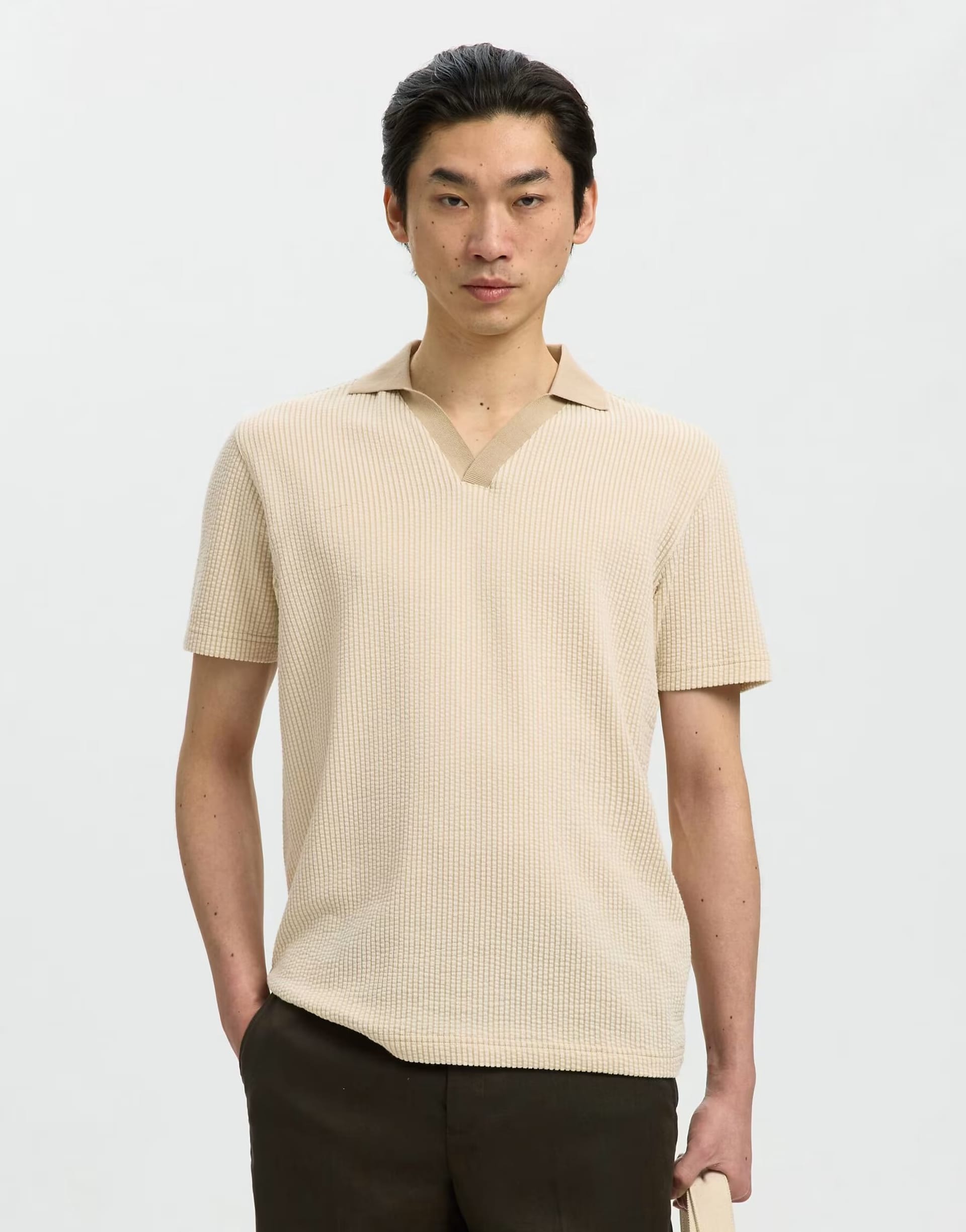 ASOS Beige Ribbed Polo Shirt in Birch 1