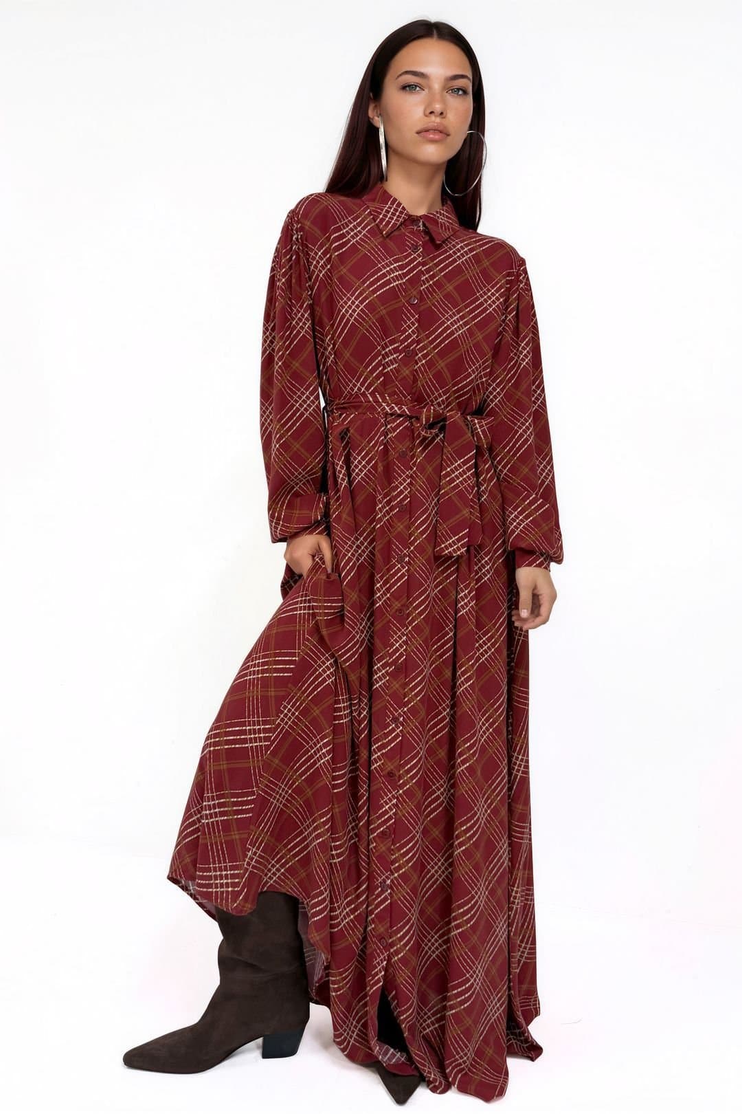 Big Dart Big Dart Women's Plaid Midi Shirt Dress with Button Closure in Burgundy