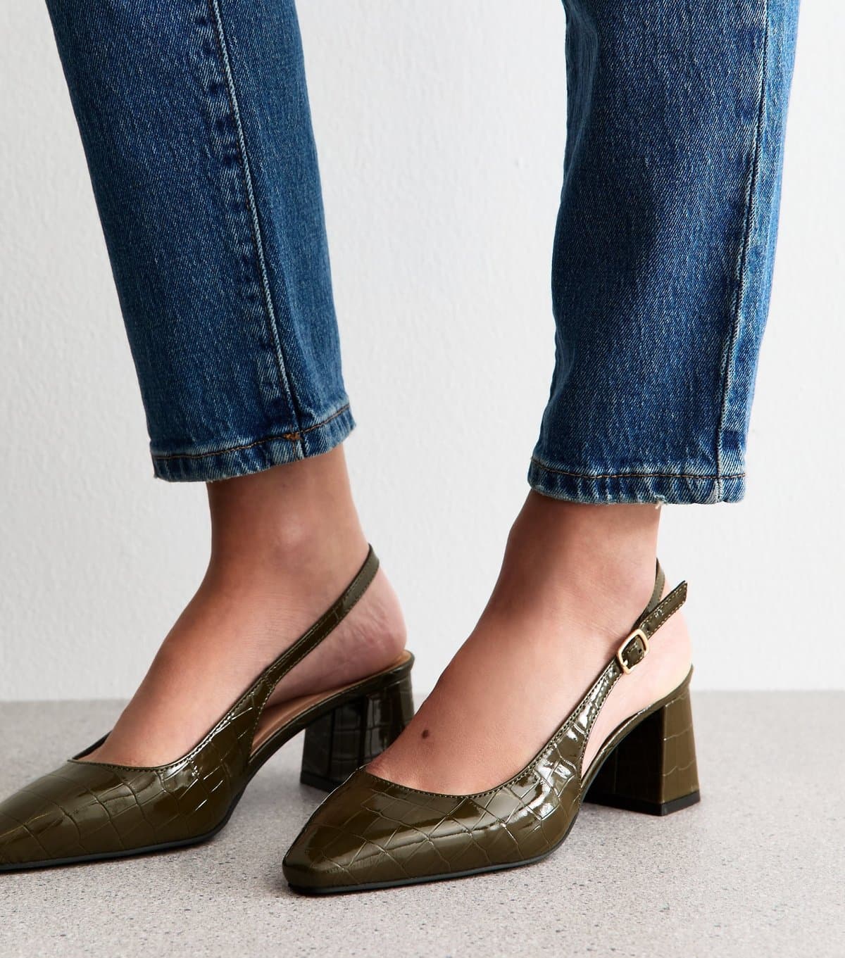 New Look Women's Dark Green Faux Leather Slingback Pointed Toe Pumps Vegan New Look